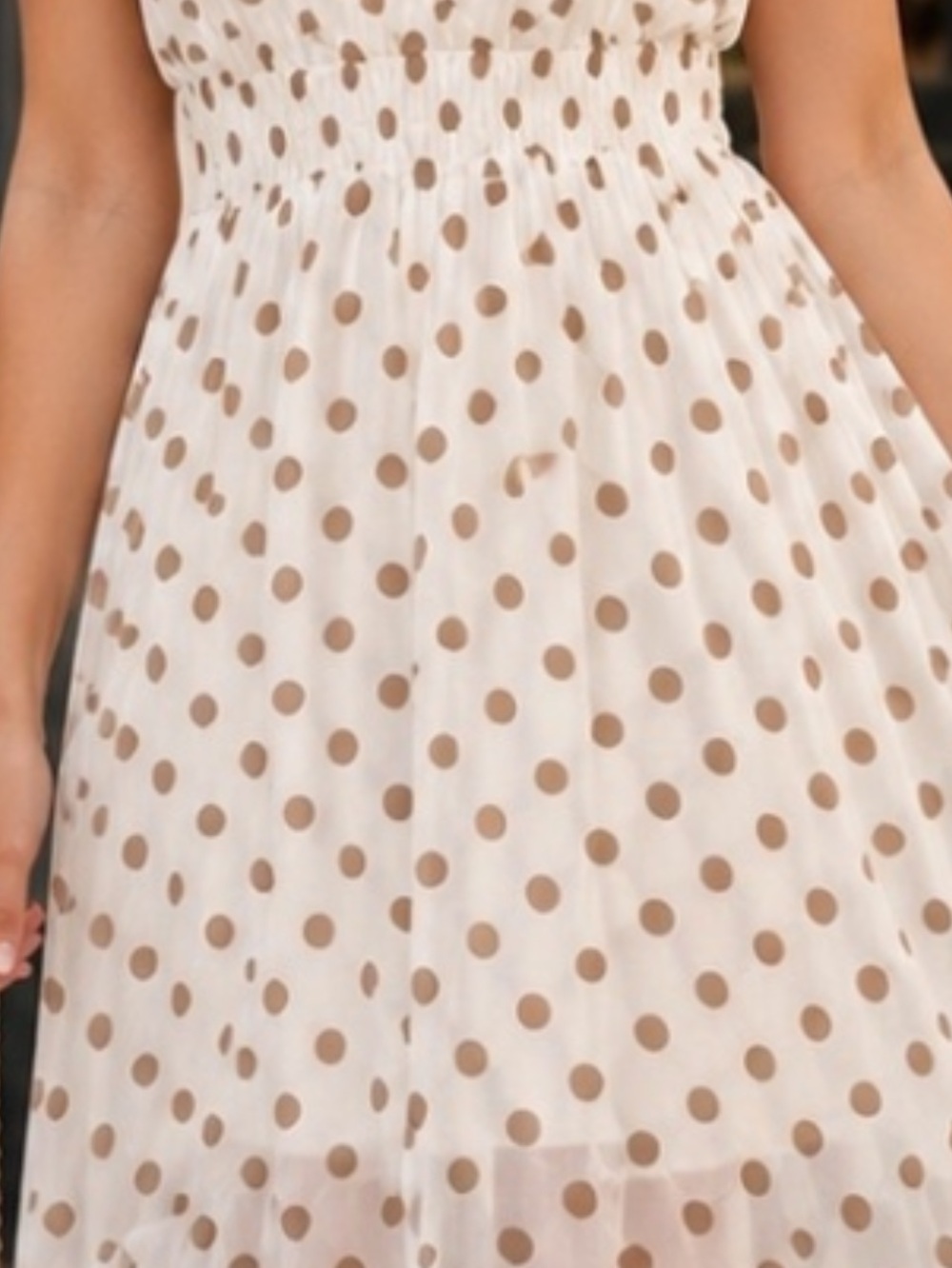 Smocked Waist Cream Polka Dot Casual Dress